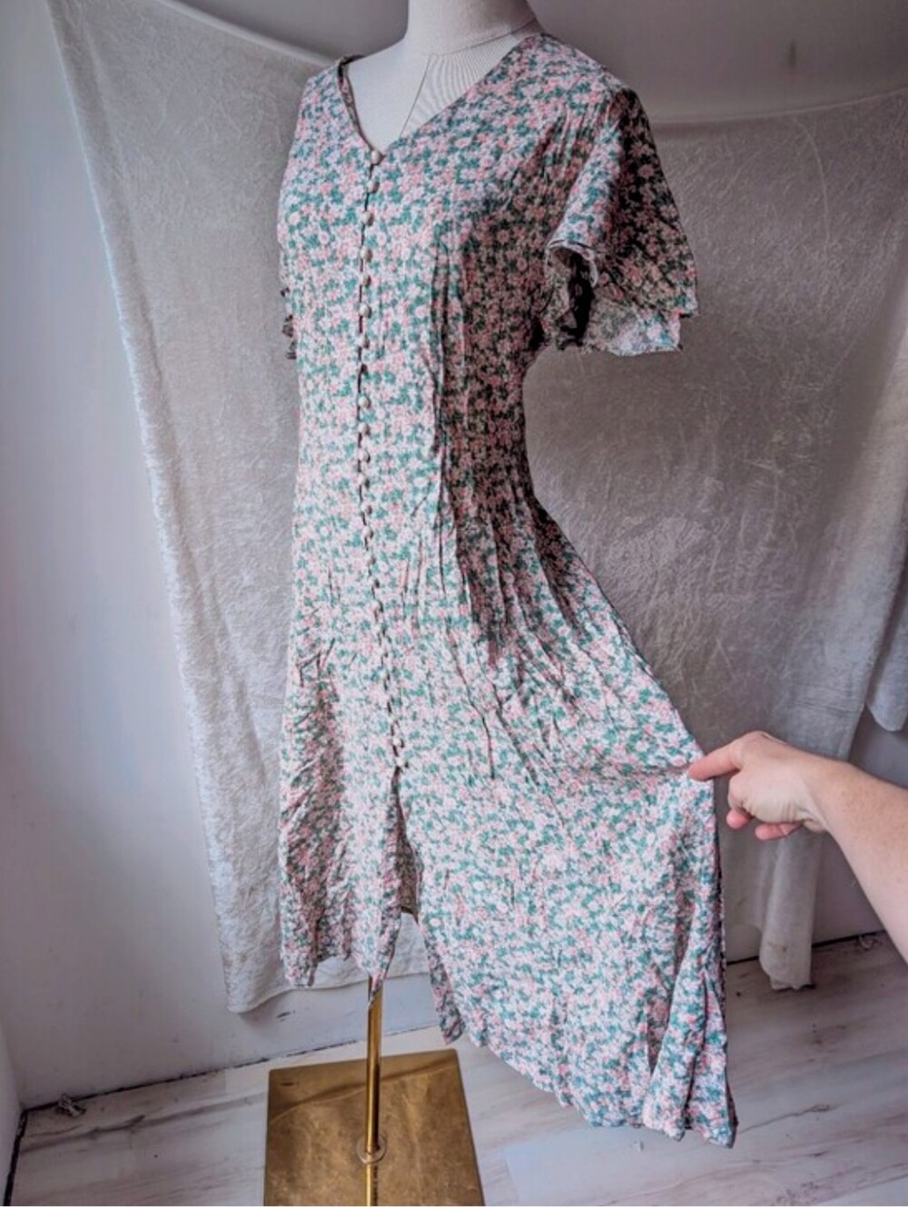 Vtg Short Sleeve Corset Tie Back Pink Green Floral Pearl Button Down Dress